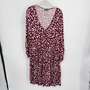 ModCloth Comfortably Curious long sleeve dress burgundy pink leopard v neck 1X